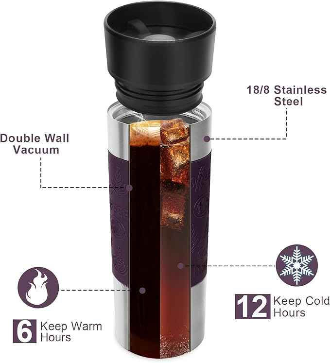 Travel Coffee Mug with 360°Lid, Travel Coffee Tumbler 16 oz Leak Proof, Stainless Steel Insulated Travel Mugs for Hot and Cold Spill Proof Leak Proof (Purple)