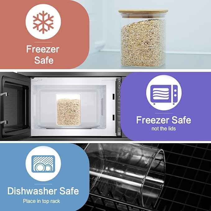 5 Pack Square Glass Pantry Storage Containers with 132 Kitchen Food Pantry Labels - Clear Glass Pantry Jars with Airtight Wood Bamboo Lids - Glass Canisters for Pasta, Cereal, Coffee, Flour, Sugar