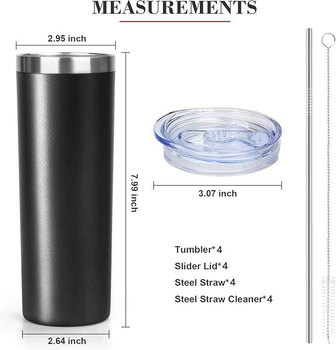 20 oz Skinny Tumblers with Lid and Straw,Stainless Steel Vacuum Insulated Tumbler Cup Double Wall Travel Coffee Mug, Thermal Water Tumbler for Hot and Cold Drinks(Black,4)