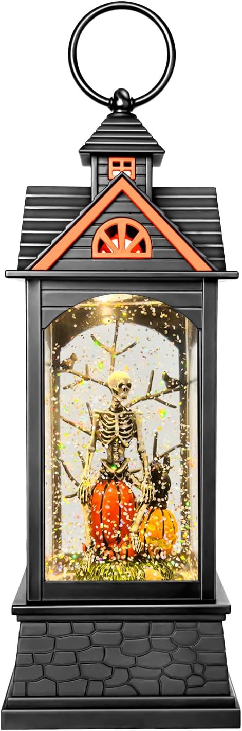 Halloween Snow Globe Lantern, Spooky Ghost Halloween Decor, Plug-in & Battery Operated Snow Globes for Halloween Decorations Indoor