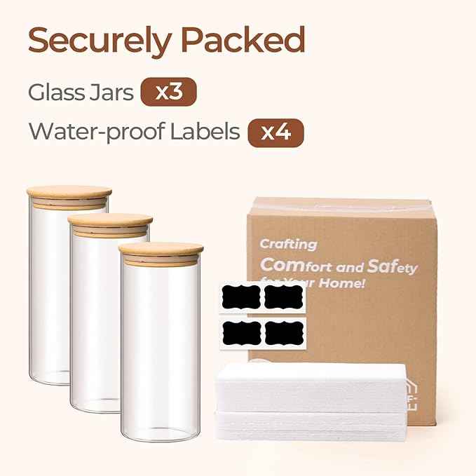 ComSaf 1.7 Qt Glass Storage Containers with Lids, Glass Jars with Lids, Clear Food Storage Jar, Round Canister Set of 3, Pantry Organizers for Pasta Flour Cookie Rice Tea Coffee Bean