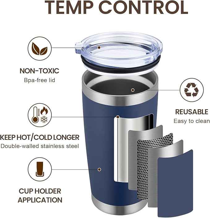 MEWAY 20oz Tumbler 8 Pack Double Wall Vacuum Insulated Travel Mug Bulk, Stainless Steel Tumblers with Lid and Straw, Durable Powder Coated Coffee Cups for Cold & Hot Drinks (Navy, 8)