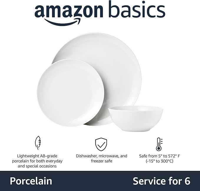 Amazon Basics 18-Piece Complete Kitchen Dinnerware Set, Microwave and Dishwasher Safe, Plates, Dishes, Bowls for Everyday Use, Service for 6, White Porcelain Coupe