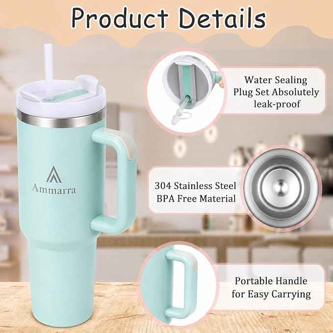 40oz Stainless Steel Vacuum Insulated Tumbler with Handle and Straw, Large Capacity Insulated Cup (Light Green)
