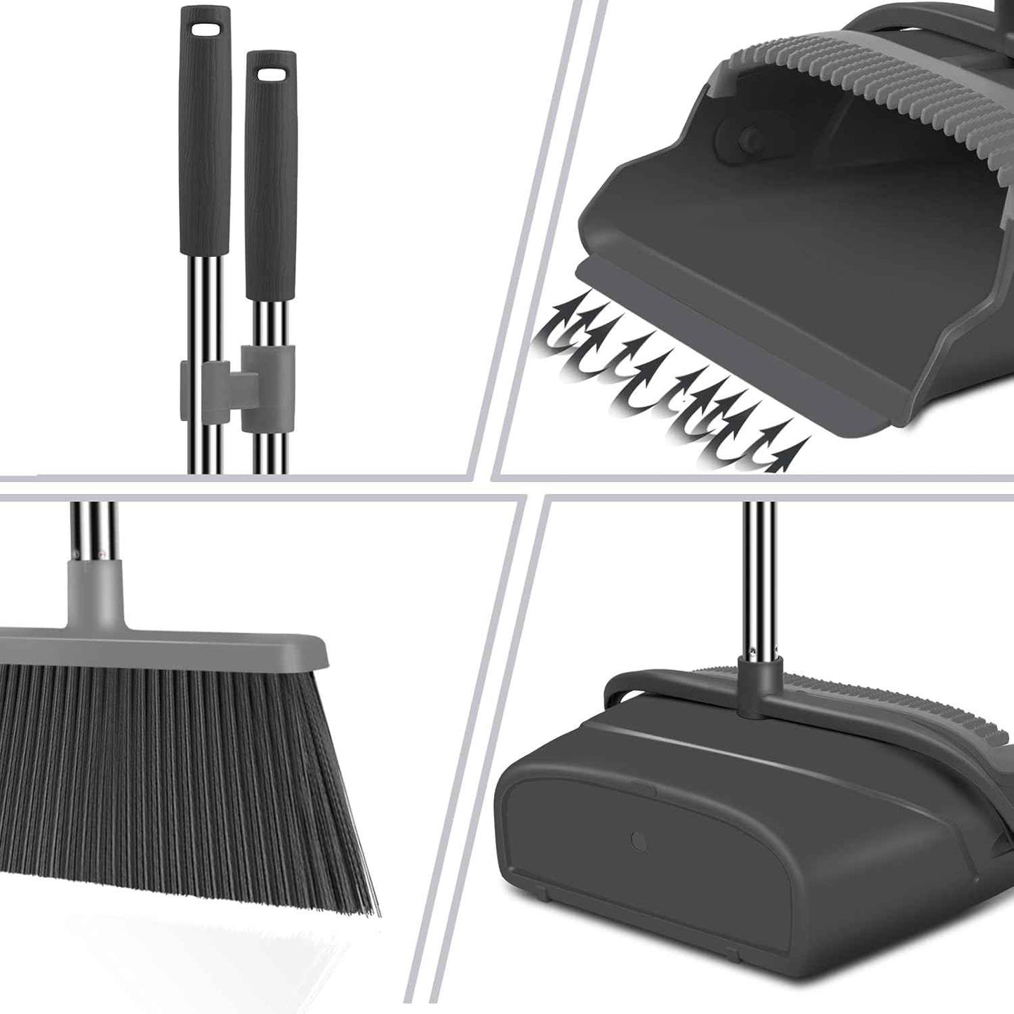 Broom and Dustpan Set for Home, Office, Indoor&Outdoor Sweeping, Stand Up Broom and Dustpan (Black&Gray)
