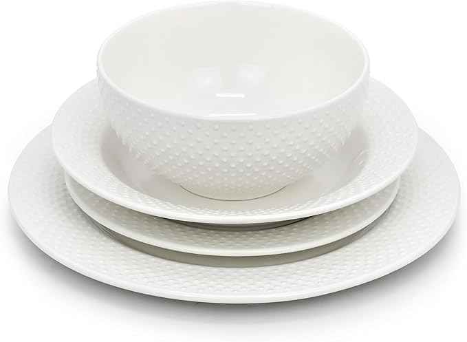 Elama Kim 16 Piece Hobnail Double Bowl Porcelain White Dinnerware Set, Serveware, Tableware, Bowls, Plate Set (Kim)