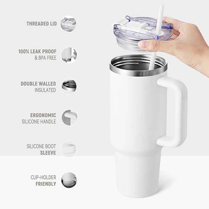 COKTIK 40 oz Tumbler With Handle and Straw, Insulated Tumbler With Leakproof Lids, Stainless Steel|BPA-Free, Cold for 24 H (Snow)