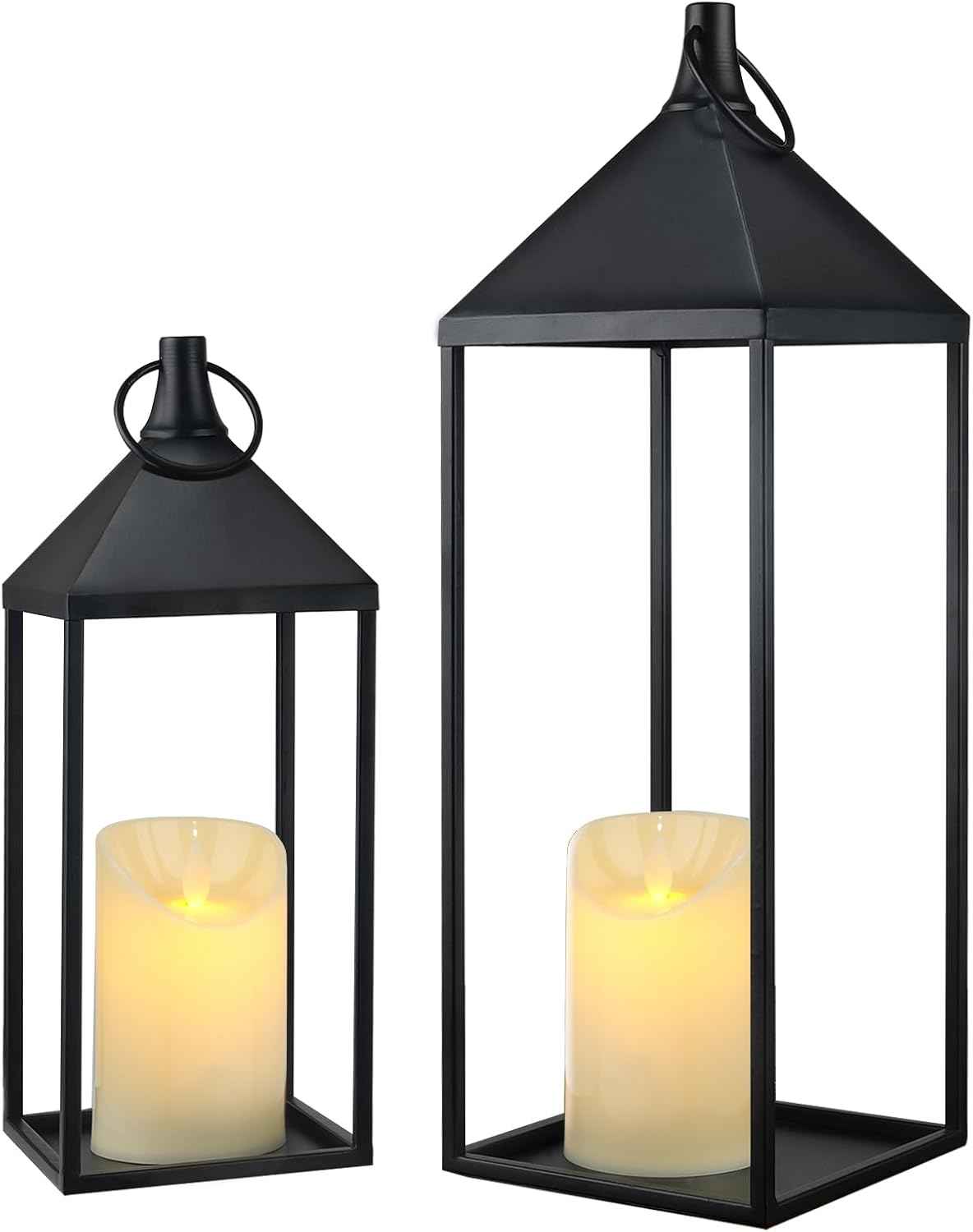 17" 13" Modern Farmhouse Candle Lantern Decor Set of 2 Black Metal Candle Lanterns with Flameless Candles, Lanterns Decorative Indoor for Fireplace Mantle Table Outdoor Lanterns for Patio Porch Garden