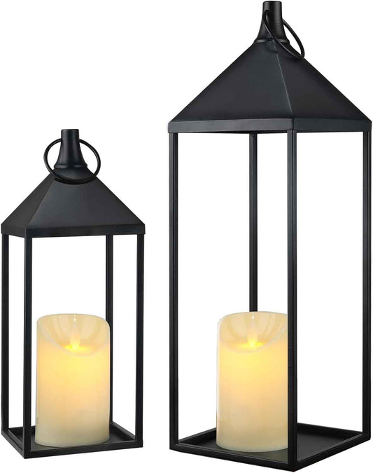 17" 13" Modern Farmhouse Candle Lantern Decor Set of 2 Black Metal Candle Lanterns with Flameless Candles, Lanterns Decorative Indoor for Fireplace Mantle Table Outdoor Lanterns for Patio Porch Garden
