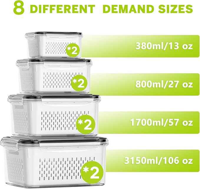 HOMETALL 8 Pack Fruit Storage Containers for Fridge, Fridge Organizers and Storage with Colander, Dishwasher & Microwave Safe Produce Containers Keep Fruits, Vegetables, Berry, Meat Fresh Longer