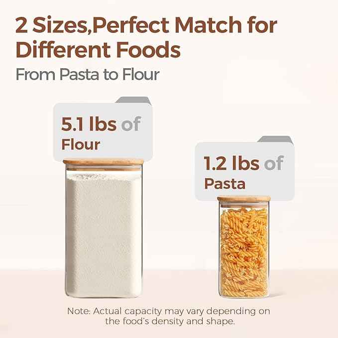 ComSaf Glass Pantry Storage Containers, 4.6Qt/1.6Qt Large Square Flour and Sugar Containers with Airtight Lids, 1.2 Gallon Glass Jars with Bamboo Lids for Rice, Pasta, Cookies, Coffee Beans