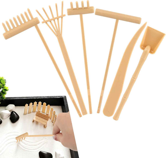 6 Pcs Mini Zen Garden Rake Tools, Miniature Tabletop Rock Zen Sand Rake Set with Pushing Drawing Pen 3 Small Rakes, Mini Sand Stamp Rakes, Meditation Rock Garden Accessories(Beige)