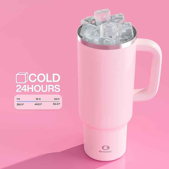 40 oz Tumbler with Handle and Straw: Stainless Steel Insulated Tumbler Keeps Cold for 24 Hours, Leakproof Travel Cup Fits in Cup Holder and BPA-Free, Cotton Candy