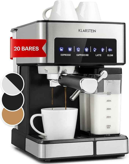 Klarstein Arabica Comfort Espresso Machine - Coffee Maker with 1350 Watt, Coffee Maker, Portafilter Machine with Touch Control, Espresso Maker with Grinder, Coffee Machine with 1.8L Water Tank,