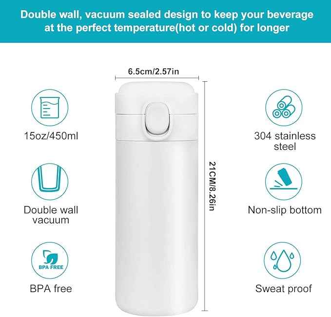 YINJAM Insulated Travel Water Bottle Metal Coffee Cup Mug Stainless Steel Reusable Flask Tumbler for Men Women Gym Hiking Sports (White, 15 Oz)