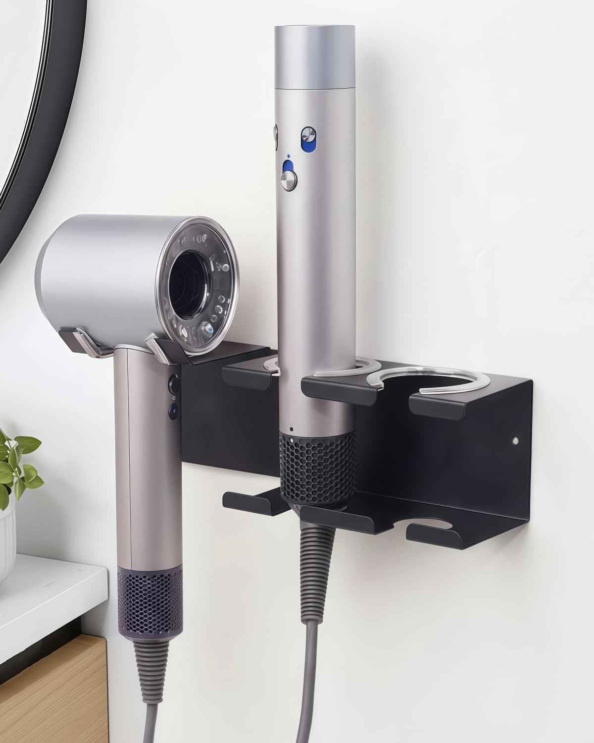 Hair Tool Organizer Wall Mount, Stainless Steel Curling Iron Holder Wall Mount, Hair Dryer and Straightener Holder 3-in-1 Storage for Bathroom Vanity Salon Black PTALSEAW