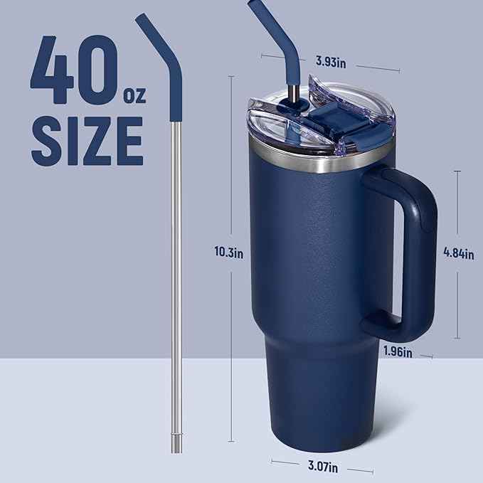 COKTIK 40 oz Tumbler With Handle and Straw, Insulated Tumbler With Leakproof Lids, Stainless Steel|BPA-Free, Cold for 24 H (Navy)