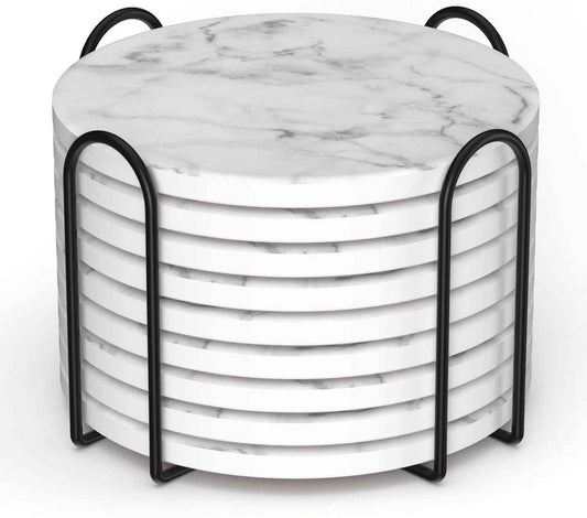 Billbotk 9 Pieces Ceramic Coasters for Drinks with Holder, Absorbent Drink Coasters for Coffee Table, Marble Style Coasters Wooden Table, Suitable for Kinds of Cups, 4 Inches
