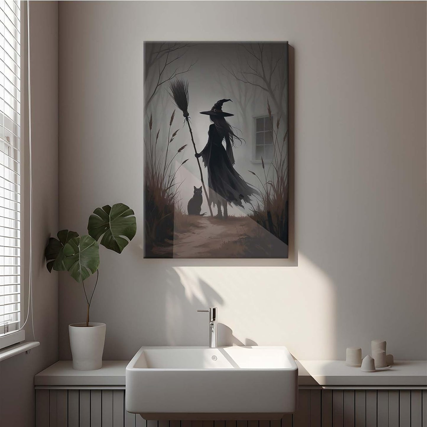 Vintage forest witch and black cat poster Halloween mural poster decoration mural art magic suitable for home living room bedroom28x40in Wood Framed