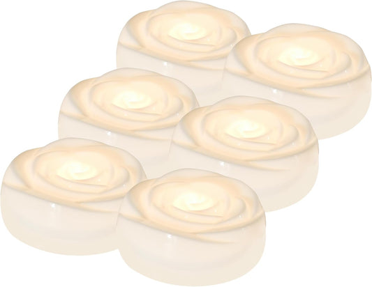 Aignis 6pcs Flameless LED Floating Candles, White Rose Plastic Tealights Battery Operated, 120+ Hours Glow Time, Cozy Light for Romantic Pool/Bathtub/Hot Bath/Wedding Centerpiece Decor(D2.83*H1.42)