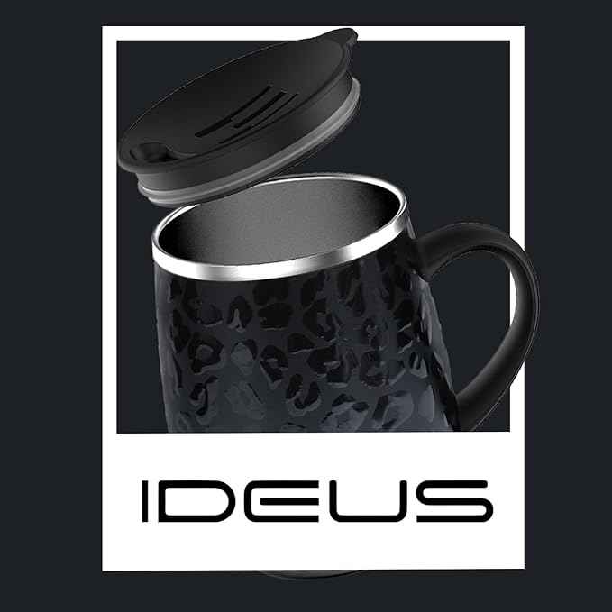 Ideus 16 oz (470 ml) Insulated Coffee Mug with Handle and Lid, Double Wall Stainless Steel Vacuum Thermal Coffee Mug, Travel Coffee Cup Thermal Cup for Home and Office, Leopard Black