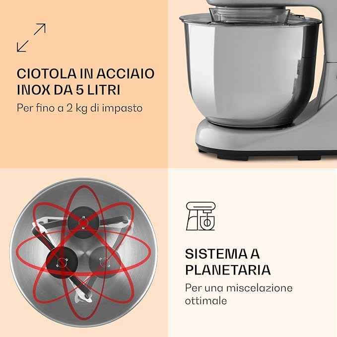 Impastatrice planetaria 5 litri con ciotola 1300w klarstein planetaria professionale TK2-BellaPico2GSilv