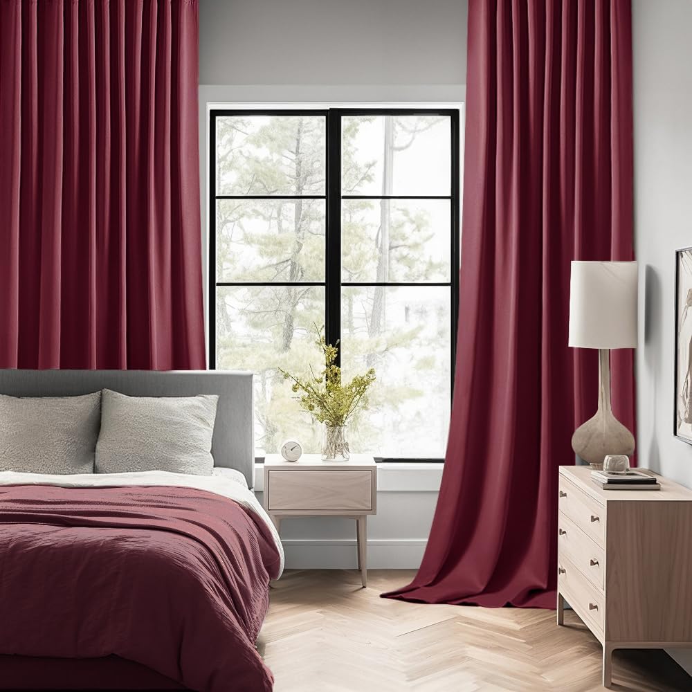 MIULEE Wine Red Back Tab Blackout Curtain 96 Inch Long 2 Panels Set for Bedroom, Rod Pocket/Pinch Pleat Thermal Insulated Living Room Darkening Pleated Light Blocking Floor to Ceiling Drape