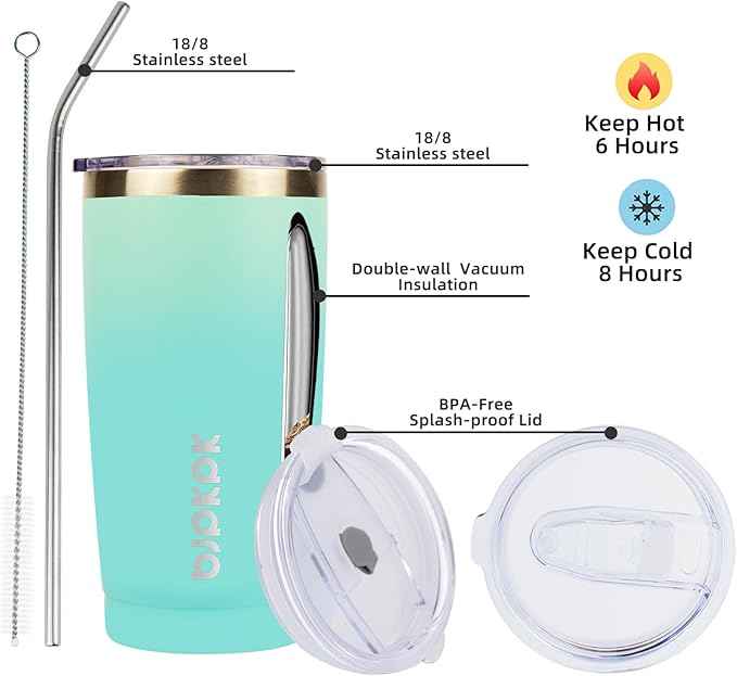 BJPKPK 20 oz Insulated Tumbler Stainless Steel Color Block Coffee Mug Vacuum Double Wall Thermal Travel Cup With Lids And Straw,Mint