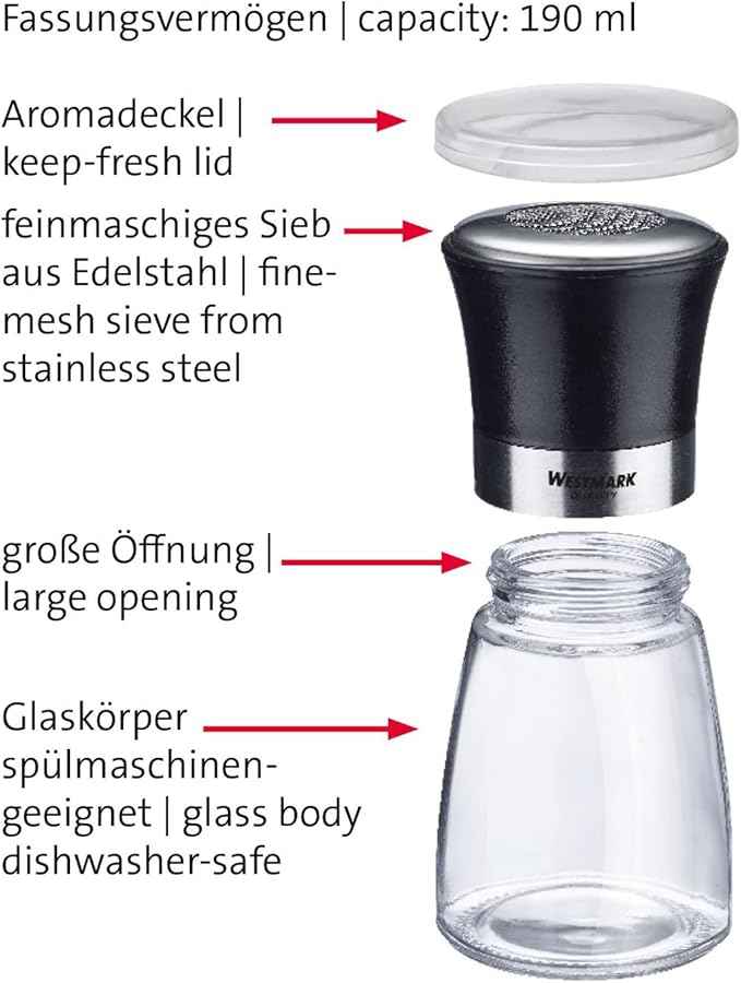 Westmark Icing Sugar Shaker, with Lid, Capacity: 190 ml, Glass/Stainless Steel/Plastic, Blacky, Transparent/Black/Silver, 69512260