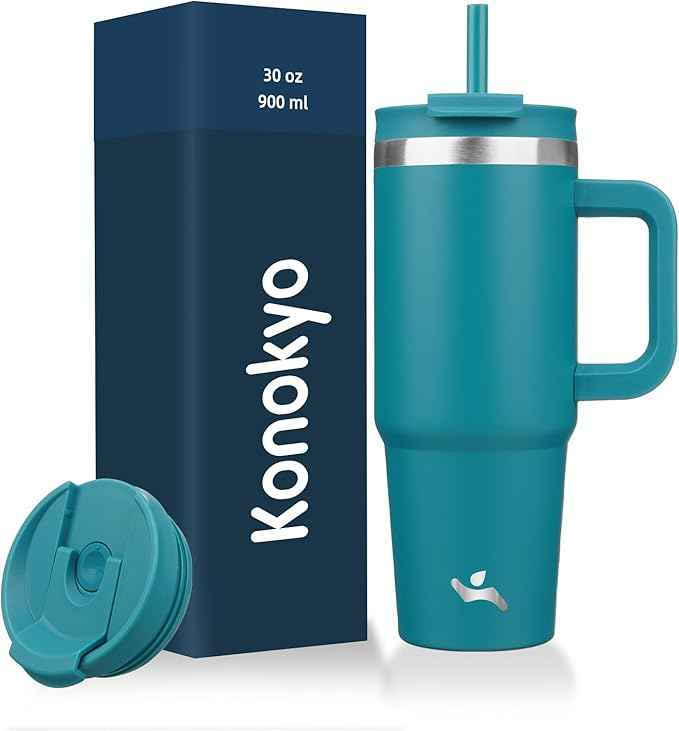 Konokyo 30 oz Tumbler with Handle and 2 Straws,2 in 1 Lid Insulated Water Bottle Stainless Steel Travel Coffee Mug,Blue