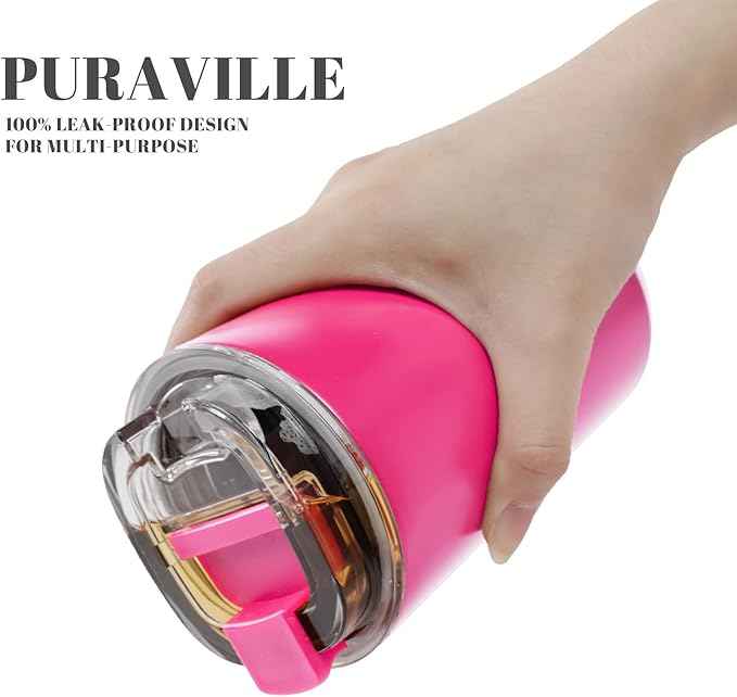 Puraville Insulated Tumblers with Lid, 14 oz Travel Coffee Mug Stainless Steel Vacuum Cup, Leak Proof Reusable Double Walled Coffee Tumbler for Iced and Hot Drinks, Fuchsia