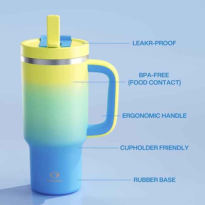 ENCOOL 32 oz Tumbler with Handle and Straw: Stainless Steel Insulated Tumbler Keeps Cold for 24 Hours, Leakproof Travel Cup Fits in Cup Holder and BPA-Free, Soft Lagoon