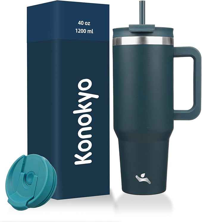 Konokyo 40 oz Tumbler with Handle and 2 Straws,2 in 1 Lid Insulated Water Bottle Stainless Steel Travel Coffee Mug,Navy blue