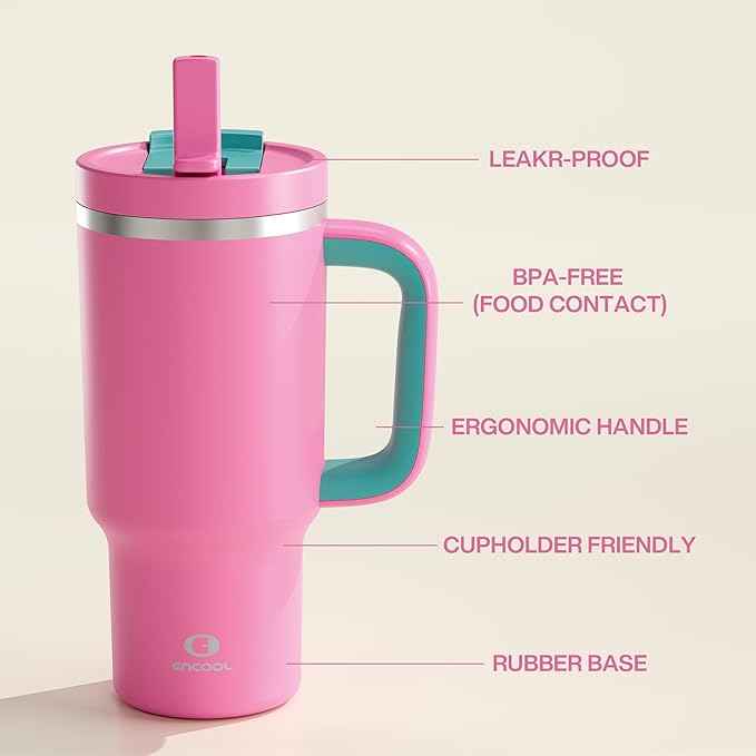 ENCOOL 32 oz Tumbler with Handle and Straw: Stainless Steel Insulated Tumbler Keeps Cold for 24 Hours, Leakproof Travel Cup Fits in Cup Holder and BPA-Free,Light Crimson