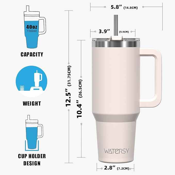 40 oz Tumbler with Handle,Tumbler with Lid and Straw,Double Wall Insulated Cup Stainless Steel Travel Mug(Cold for 34 Hours),Water Bottle for Iced Tea,Coffee,Cold Beverages(Ivory Beige)