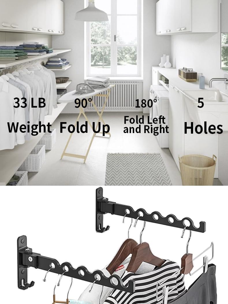 Dr.DJ Wall Hanger for Clothes, Coat Hanger Mounted Matte Black Retractable Clothes Drying Organizer Rack Garment Hooks Aluminium Folding Indoor Space Saver (2 Racks) Black - Lumora Casa