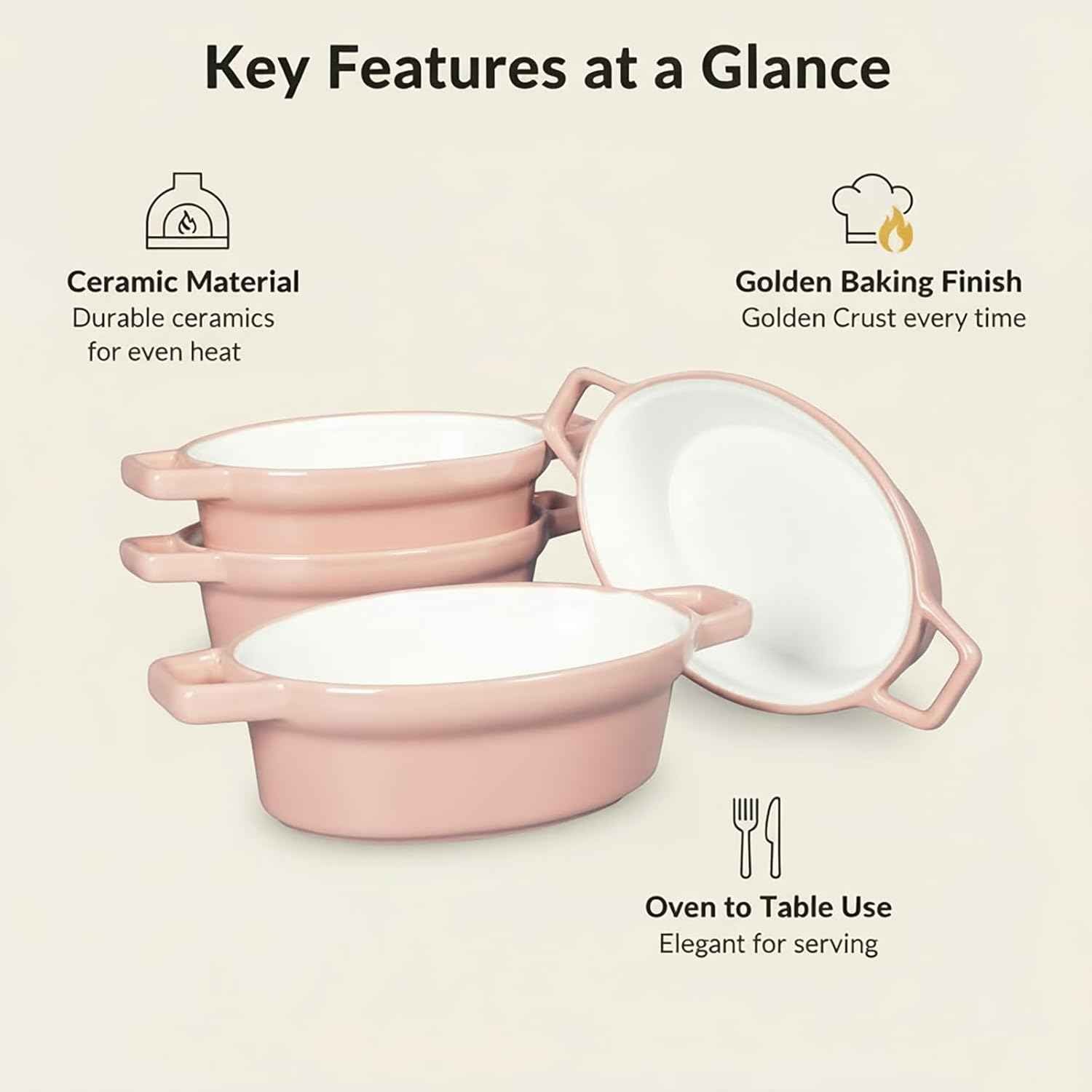 Oval Au Gratin Baking Dishes 6" x 5" for Oven Safe Cooking and Baking, Set of 4, 15 OZ Heat Resistant Ceramic Individual Gratin with Handles for Serving, Small Mini Casserole Dish, Pink
