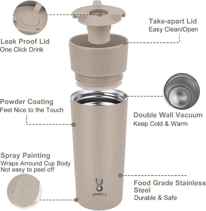Travel Coffee Mug with 360°Lid, Travel Coffee Tumbler 12 oz Leak Proof, Stainless Steel Insulated Travel Mugs for Hot and Cold Spill Proof Leak Proof(Taupe)