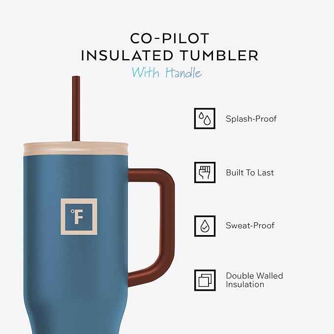 IRON °FLASK Co-Pilot Insulated Mug w/Boot, Straw & Flip Cap Lids - Cup Holder Bottle for Hot, Cold Drink - Leak-Proof - Water, Coffee Portable Travel Mug - Azure Mist, 40 Oz