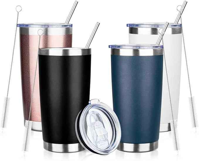20oz Tumbler with Straw and Brush, Stainless Steel Vacuum Insulated tumbler, Double Wall Insulated Coffee Tumbler for Outdoor, Home, Travel,Office (Dark color,4pcs)