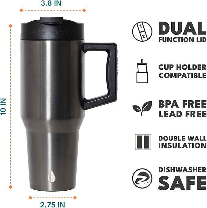 Elemental 32 oz 100% Leak Proof Tumbler with Handle & Straw - Stainless Steel Double Wall Insulated Tumbler for Hot and Cold Beverages - Travel Coffee Mug with Sip & Straw Lid - Gunmetal