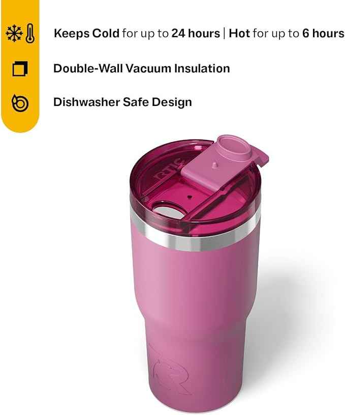 RTIC 20oz Essential Tumbler with Lid, Ceramic Lined, Insulated, Stainless Steel, Metal, Double Wall Vacuum-Insulation, Travel Cup for Iced Coffee, Tea, Hot and Cold Drink, Orchid