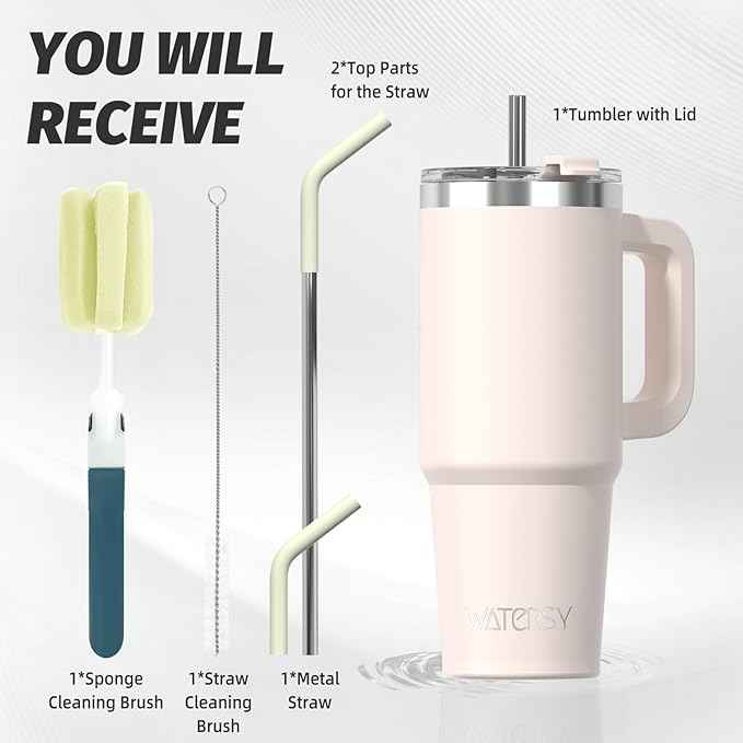 20 oz Tumbler with Handle,Tumbler with Lid and Straw,Double Wall Insulated Cup Stainless Steel Travel Mug(Cold for 34 Hours),Water Bottle for Iced Tea,Coffee,Cold Beverages(Ivory Beige)