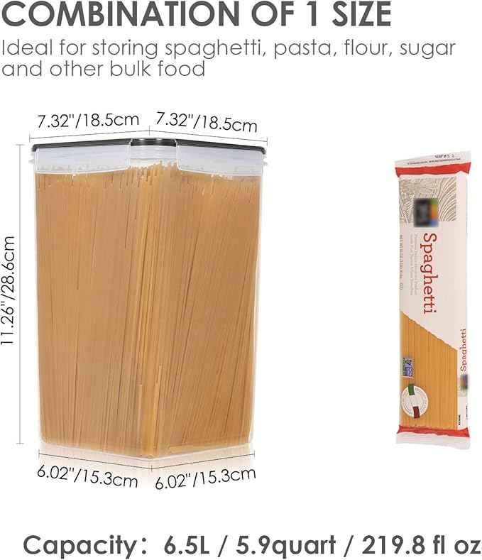 Vtopmart Extra Large Tall Airtight Food Storage Containers, 4 Pieces 5.9qt/6.5L Plastic PBA Free Kitchen Pantry Canister for Spaghetti, Flour and Baking Supplies, with 24 Labels, Black
