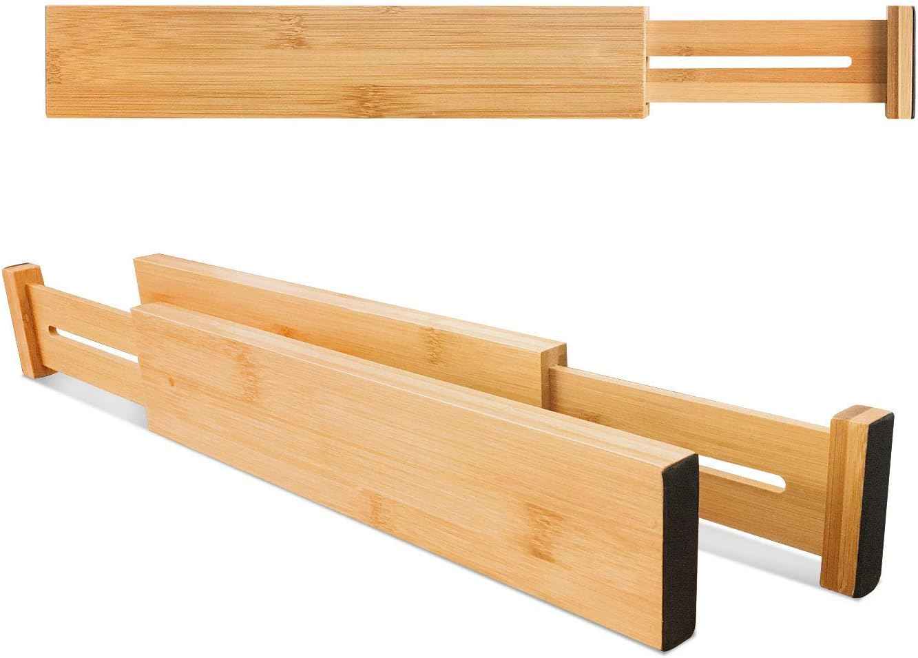 VaeFae Adjustable Bamboo Drawer Dividers, Expandable Drawer Organizer for Kitchen, Bedroom, Bathroom, Dresser and Office, 6-Pack