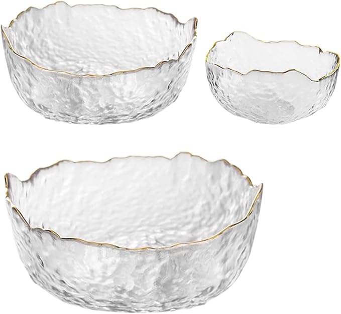 Glass Salad Bowl Irregular Lotus Flower Shape Serving Bowls, Mixing Nut Bowls for Kitchen Fruist, Snack, Dessert, and Ice Cream Candy Dishes (Crystal Clear with Gold Rim, Set of 3 (7.6", 6.5", 4.9" ))