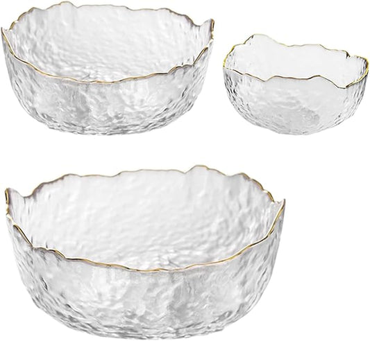 Glass Salad Bowl Irregular Lotus Flower Shape Serving Bowls, Mixing Nut Bowls for Kitchen Fruist, Snack, Dessert, and Ice Cream Candy Dishes (Crystal Clear with Gold Rim, Set of 3 (7.6", 6.5", 4.9" ))