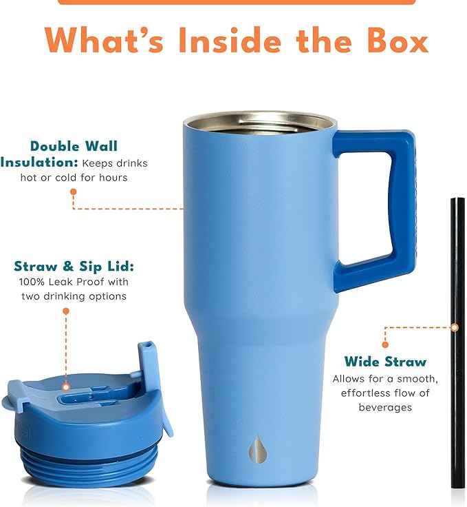 Elemental 32 oz 100% Leak Proof Tumbler with Handle & Straw - Stainless Steel Double Wall Insulated Tumbler for Hot and Cold Beverages - Travel Coffee Mug with Sip & Straw Lid - Ocean Blue