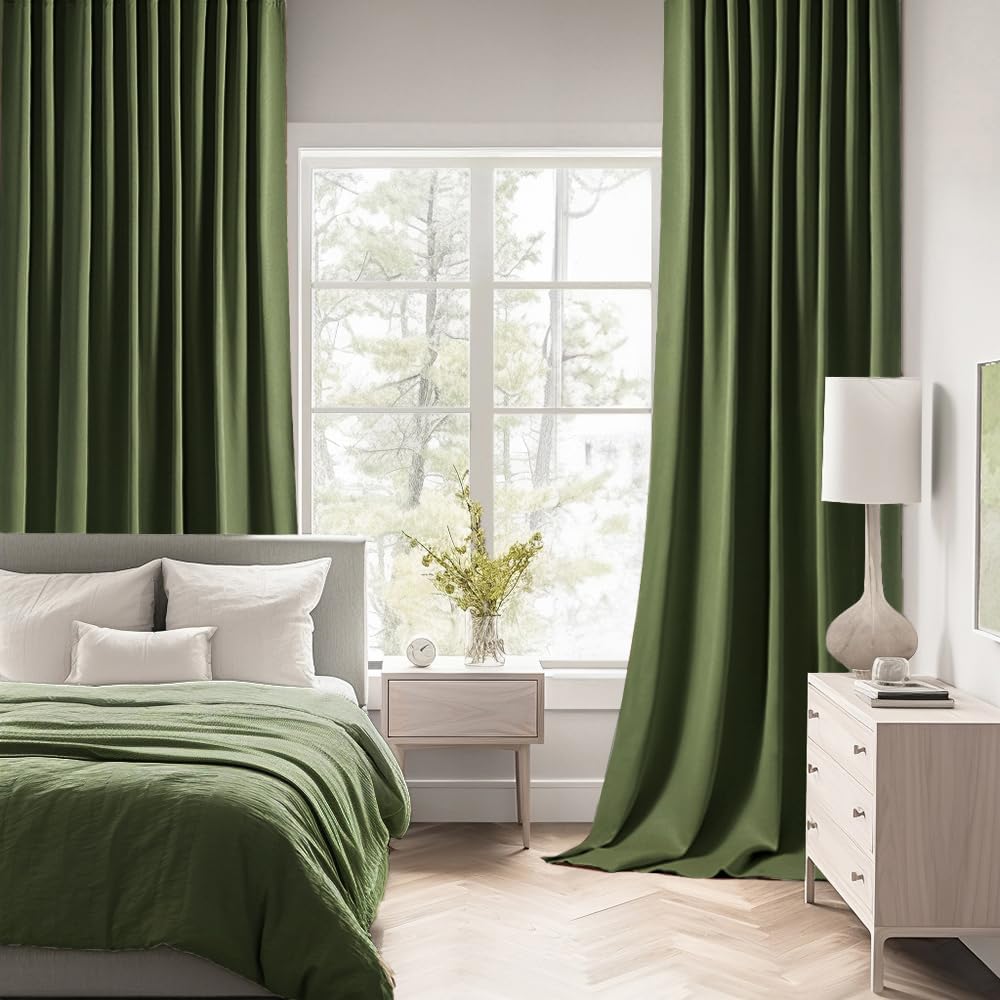 MIULEE Olive Green Back Tab Blackout Curtain 96 Inch Long 2 Panels Set for Bedroom, Rod Pocket/Pinch Pleat Thermal Insulated Living Room Darkening Pleated Light Blocking Floor to Ceiling Drape