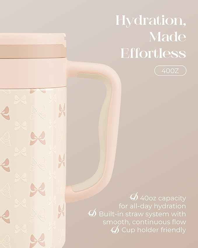40 oz Insulated Tumbler with Handle and Push-Button Straw Lid, Stainless Steel Travel Cup for Gym Office, Leakproof, BPA-Free, Cup Holder Friendly, Bow Silicone Boot, Cream (Bow Cream)